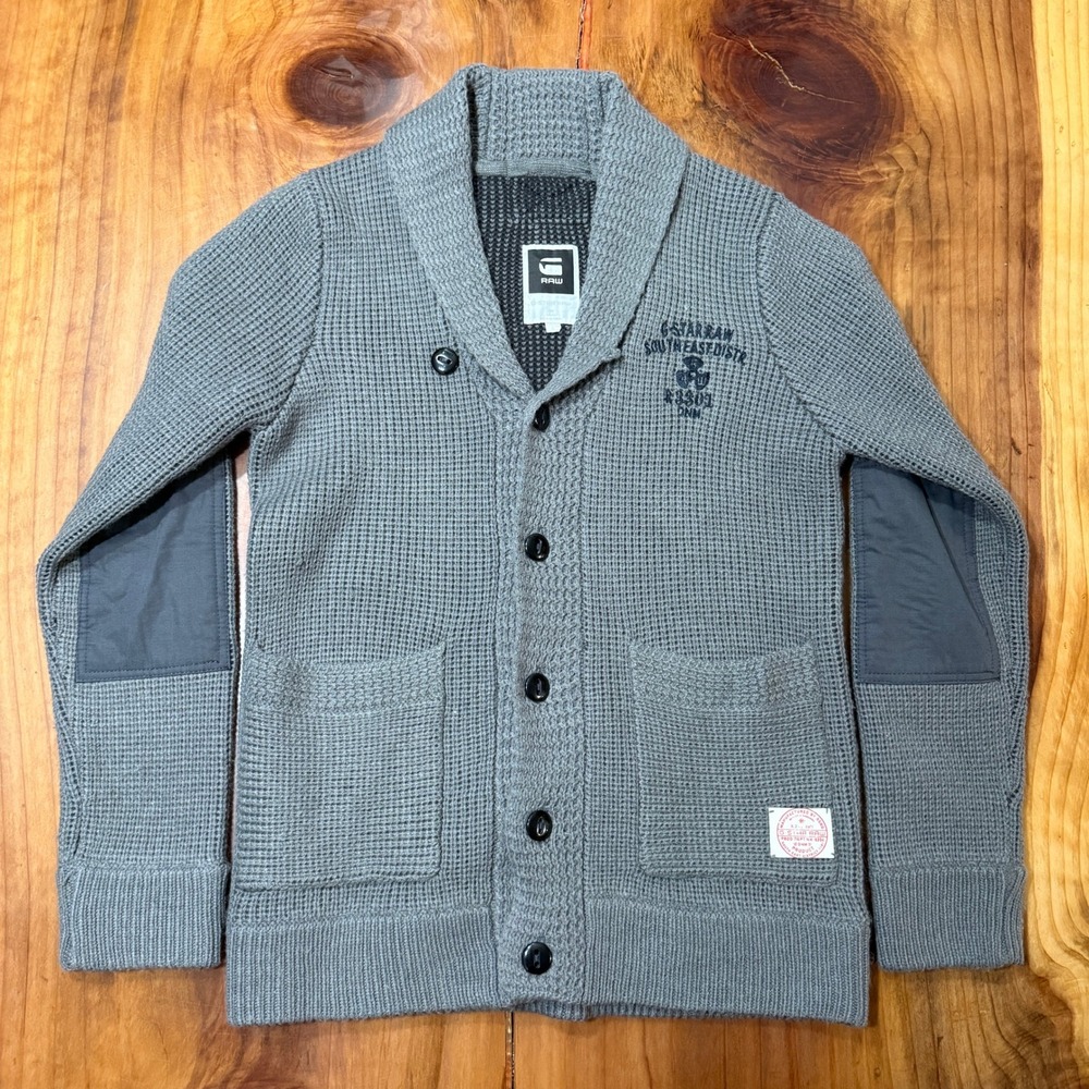 G-Star Raw Mens Sweater L Lava Cardigan Elbow Patch Button Shawl collar T3-28